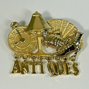 Vintage Signed AJC Gold Tone Brooch Pin Antiques Charms Lamp Teapot Fan Clock
